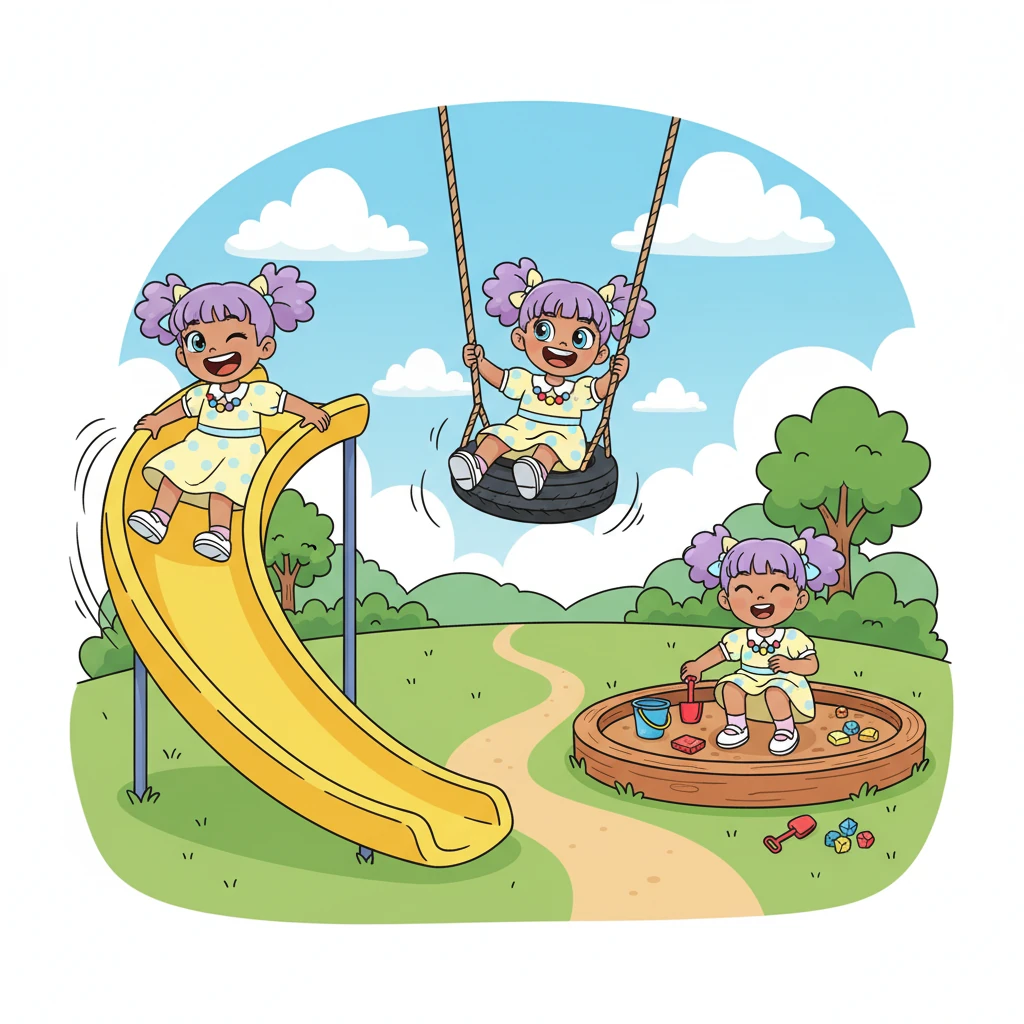 Outside, the playground is an adventure land! Lily zooms down a super-fast slide, then swings so high her feet almost touch the clouds. She discovers a hidden path leading to a sandbox treasure island, complete with tiny shovels and buckets.
