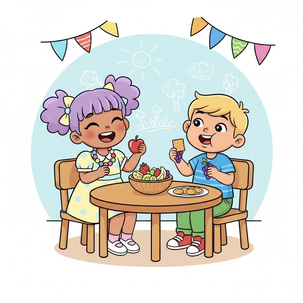 Back inside, it's snack time! Lily sits at a small, round table with her new friends, sharing yummy fruit and crunchy crackers. They tell funny stories and make silly faces, their laughter echoing through the happy room.