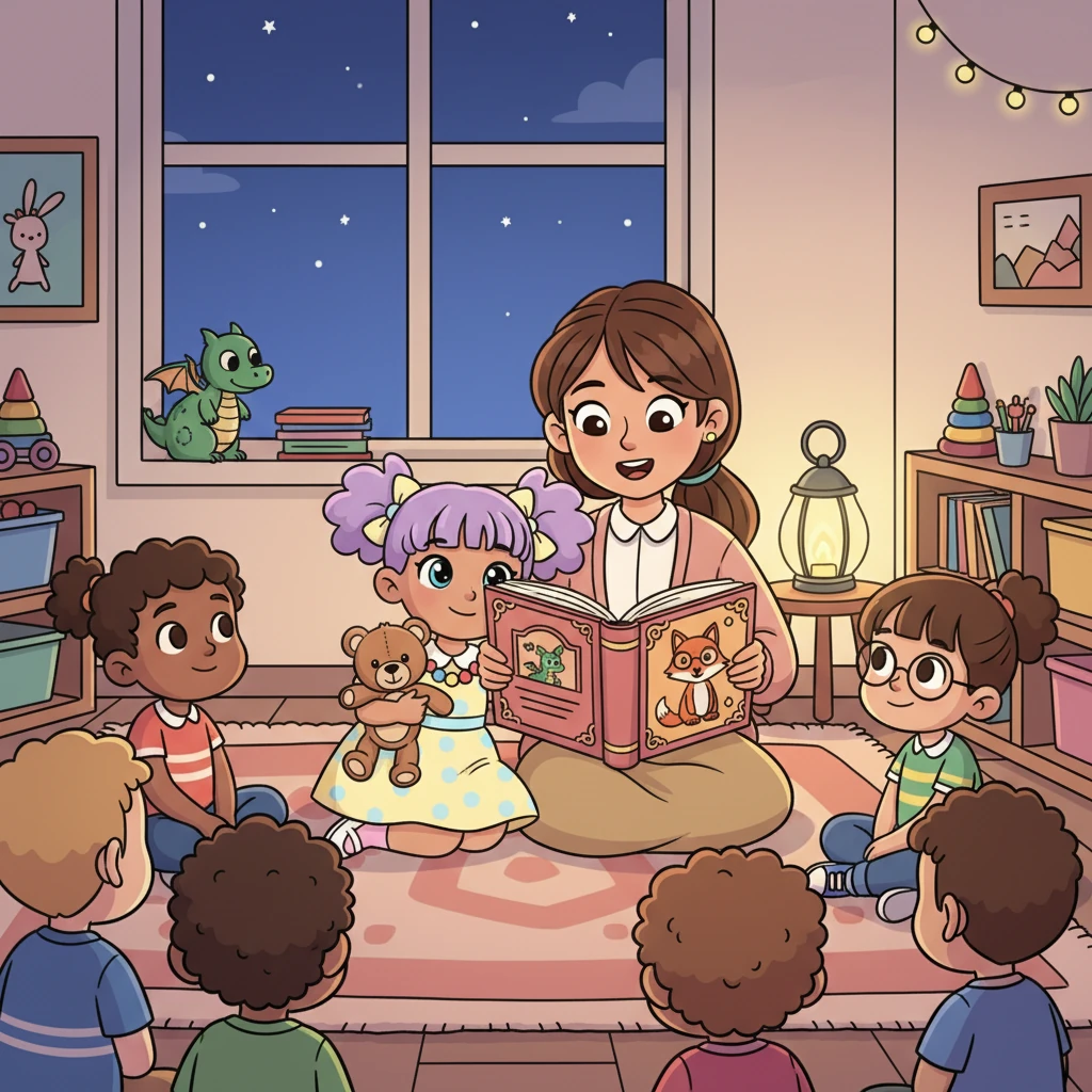 As the day winds down, a gentle teacher gathers everyone for story time. She opens a big, colorful book, her voice soft and captivating, transporting them to a land of flying dragons and talking animals. Lily snuggles close, feeling cozy and safe.