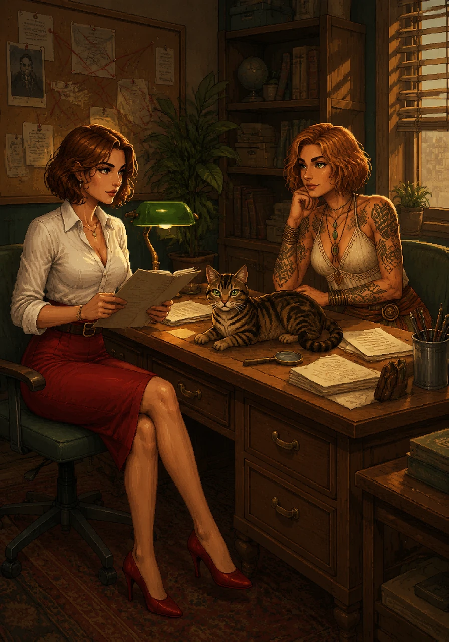 Colette, in her vibrant red pencil skirt and heels, sits across from the laid-back, tattooed Dianna in their cozy detective office. Monkey the tabby cat curls on the desk, his green hazel eyes watching the room with intelligent mischief. The air is thick with the promise of adventure as they review their latest case files.