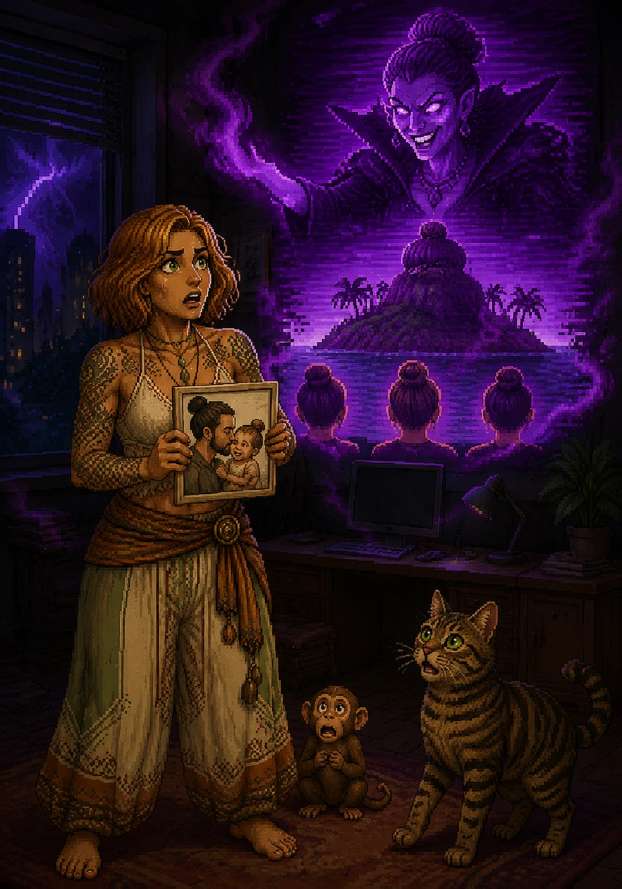 Suddenly, the office goes dark as a sinister energy fills the room, signaling the kidnapping of Colette's beloved husband, Momo. A holographic message from an evil, energy-sucking witch flickers on the wall, demanding that all man buns be hacked off on Man Bun Island. Colette gasps, clutching a photo of Momo and their child, Baby Bunbee.