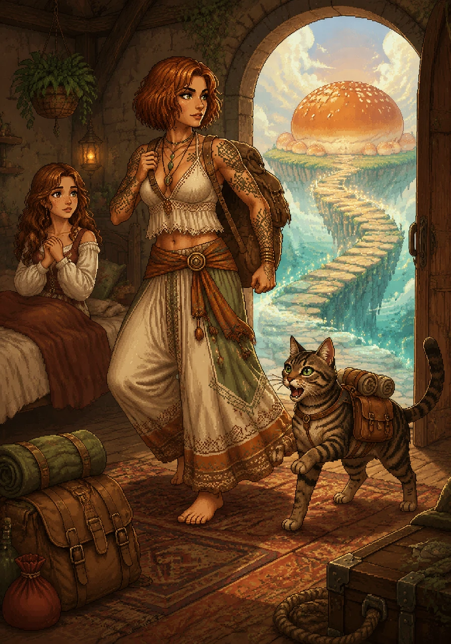Dianna stands up, her hippy outfit flowing as she prepares for battle, knowing they must act fast to save the man of Colette's dreams. Monkey lets out a determined meow, his tail twitching with anticipation. They grab their gear, ready to traverse the mystical path to the distant, bun-filled island.