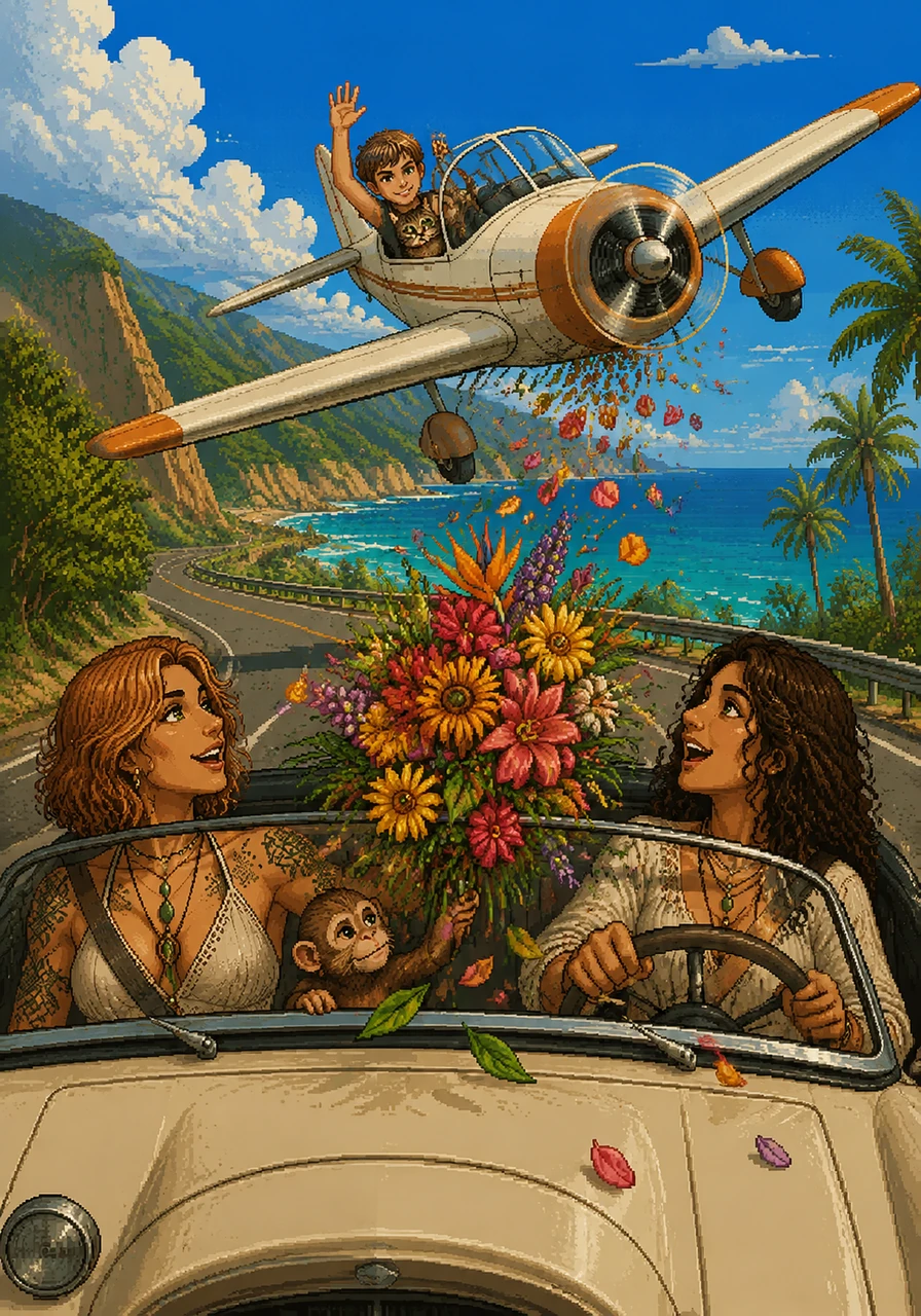 As they drive toward the coast, a familiar roar fills the sky, and Brycie, Colette's son, dips his plane low toward their car. He drops a massive, colorful bouquet of flowers that land perfectly on the dashboard. Chairman Meow, his cat, waves from the cockpit, looking longingly at Monkey through the glass.