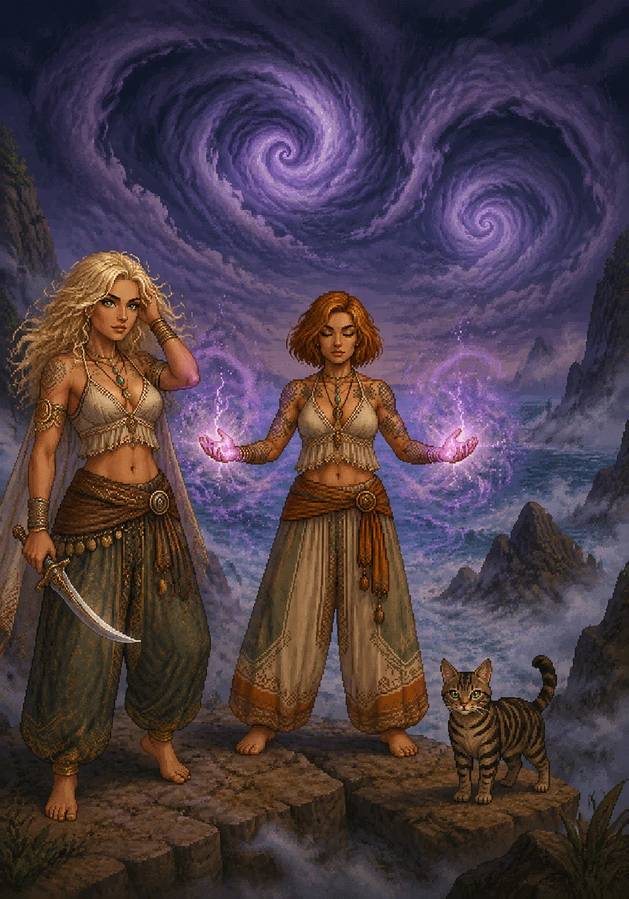 The trio arrives at the edge of the mystical sea, where the energy of the evil witch creates swirling vortexes in the clouds. Colette adjusts her platinum blonde hair, her eyes fierce with determination to protect her family. Dianna takes a deep breath, focusing her unique energy to clear a path through the magical mist.
