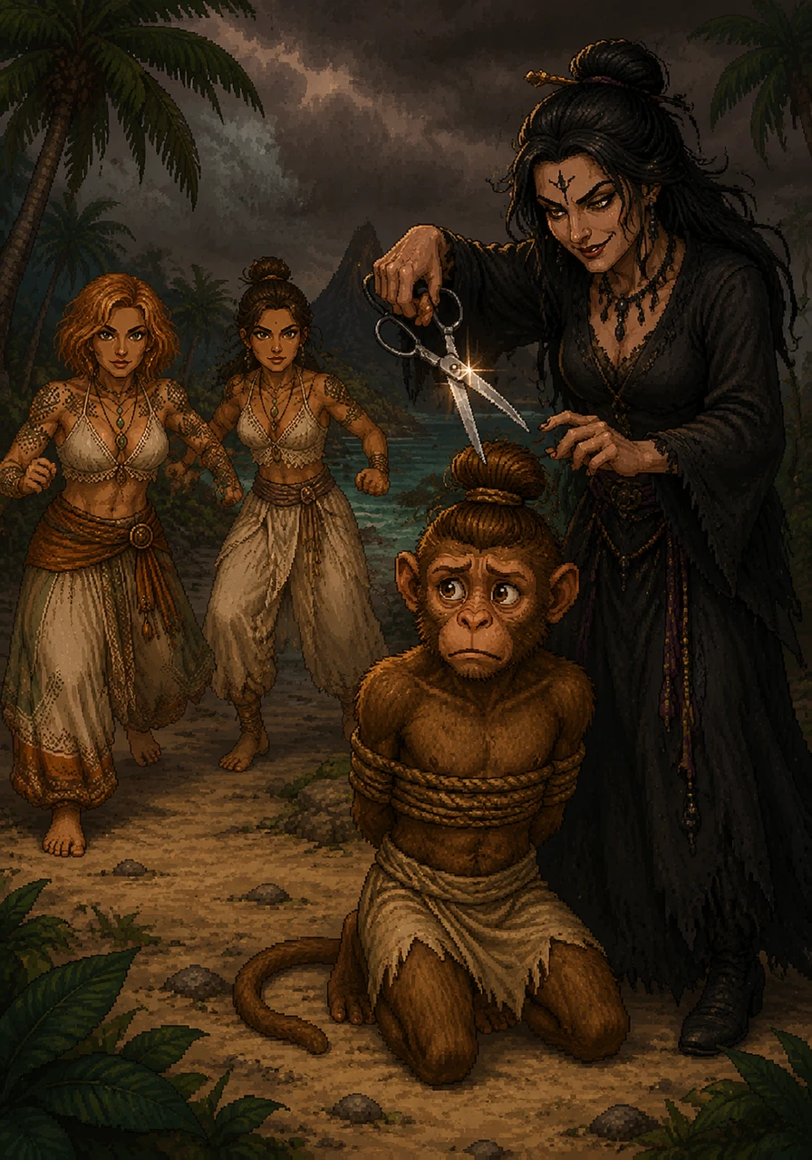 They land on Man Bun Island, a paradise where everyone sports perfectly styled man buns, but the atmosphere is tense and gloomy. The evil witch stands before a captive Momo, her sharp scissors glinting in the light as she prepares to shear his iconic man bun. Colette and Dianna emerge from the shadows, ready to strike.