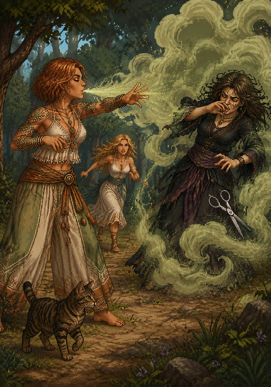 Dianna unleashes her power, blowing a cloud of enchanted herbal smoke that swirls around the witch, disorienting her and blurring her vision. The witch coughs and stumbles, her grip on the scissors loosening as the magical fog envelops the clearing. Colette uses the distraction to sprint toward her husband.