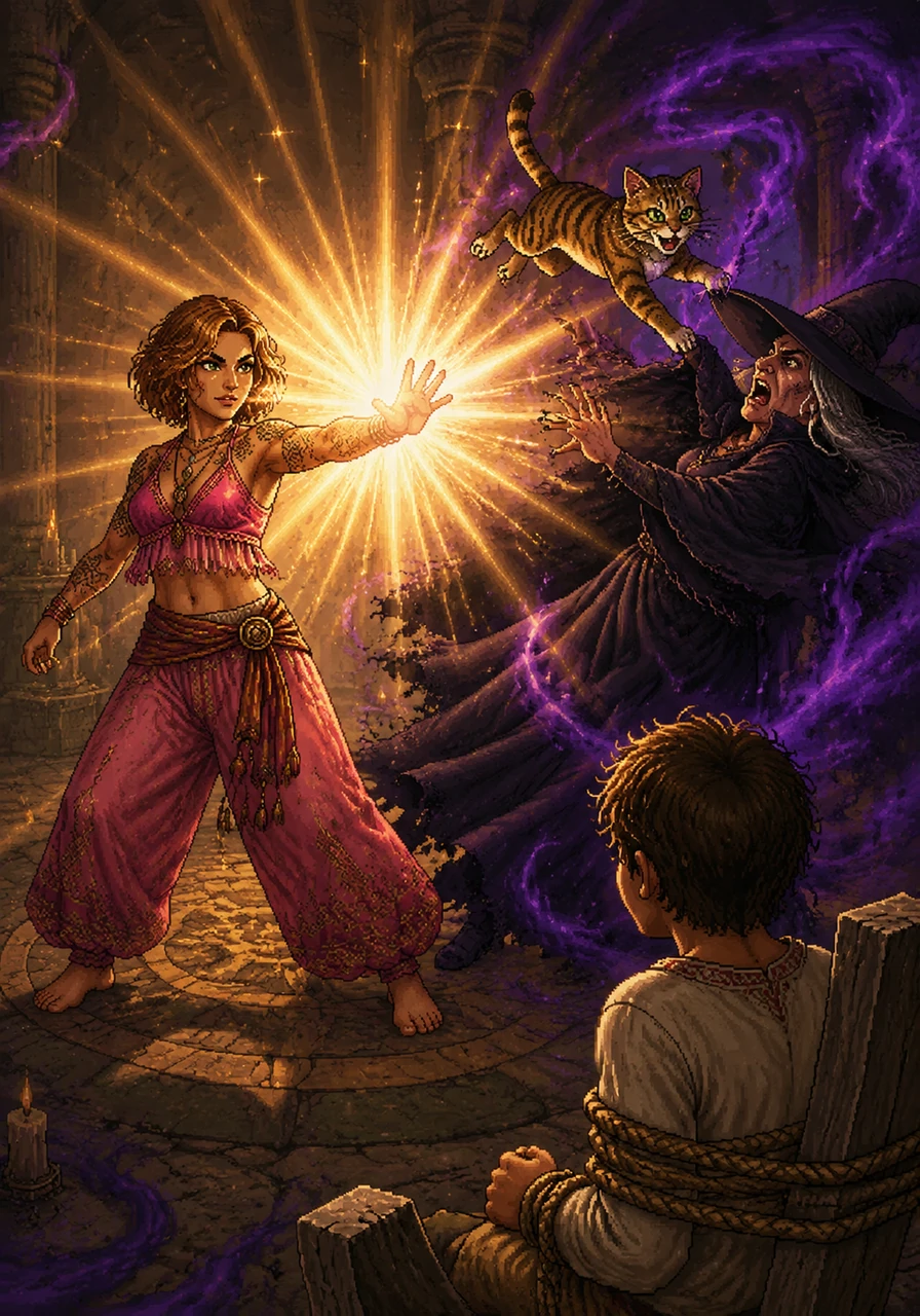 Colette, looking stunning in her hot pink outfit, uses her charm and inner strength to create a blinding light that pushes back the witch's dark energy. Monkey leaps through the air with acrobatic grace, distracting the witch further by playfully swatting at her cape. Momo struggles against his restraints, hopeful as he sees his family fighting for him.