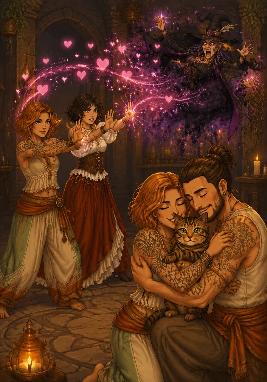 With a final burst of energy, Dianna and Colette break the witch's hold, freeing Momo from the pedestal just in time. The witch, defeated and annoyed by the overwhelming love and style in the room, vanishes into a puff of smoke. Momo pulls his family into a tight embrace, his man bun perfectly intact.