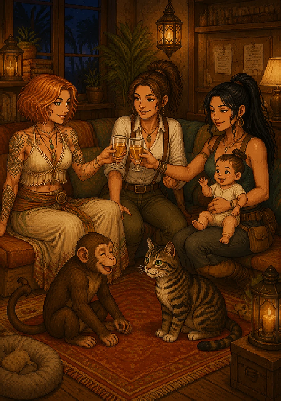 Back at home, the detective firm is filled with laughter and the joy of a mission accomplished. Baby Bunbee sits on Momo's lap, while Monkey and Chairman Meow sit together on the rug, finally reunited. Colette, Dianna, and Momo share a toast, celebrating their unbreakable bond and the safety of their family.