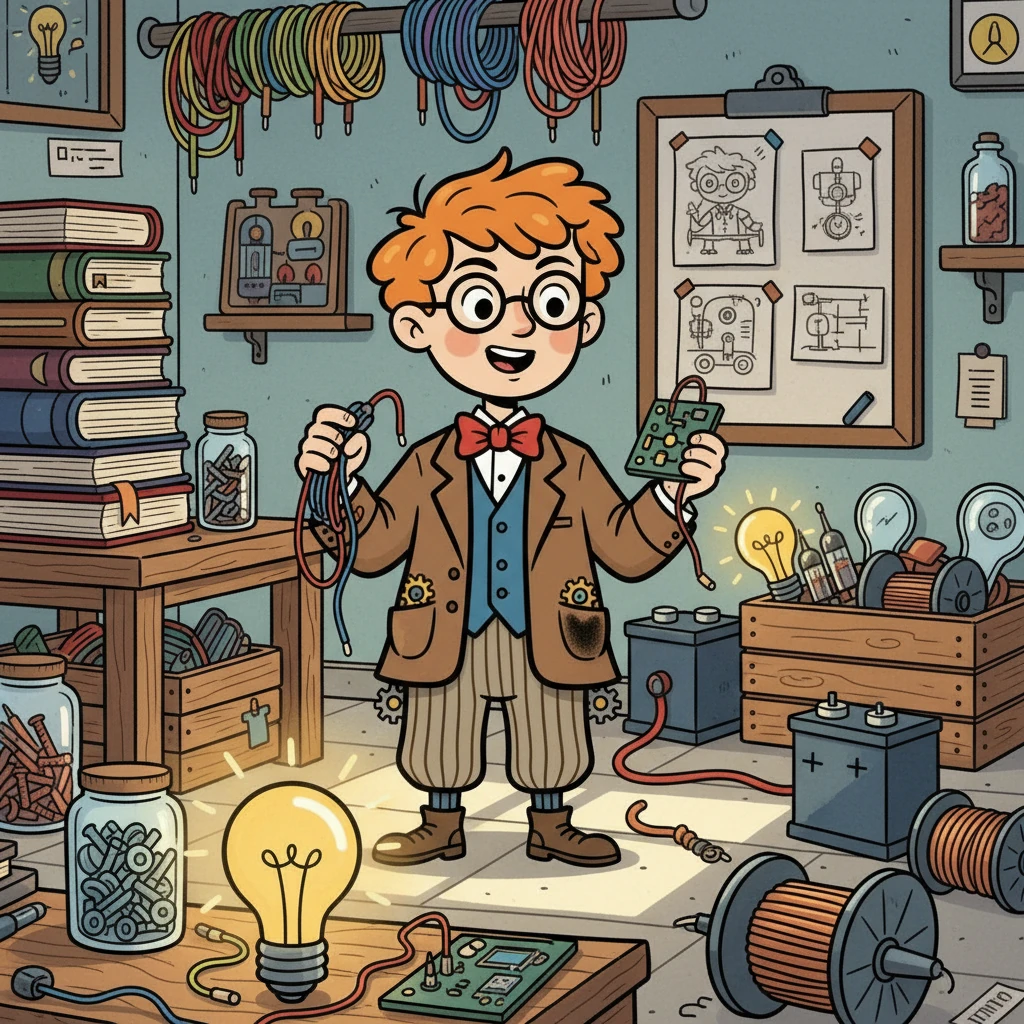 Young Thomas Edison, a curious boy with bright eyes, loved to explore. He spent hours tinkering in his makeshift laboratory, filled with wires, batteries, and all sorts of gadgets. His dream was to make the world a brighter place.