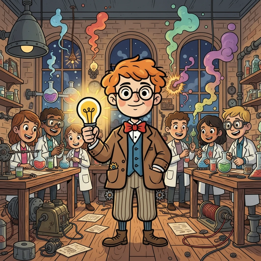 Thomas, now a young man, set up a proper laboratory with his team. They were determined to find a way to create a safe and efficient electric light. The room buzzed with excitement and the smell of chemicals.