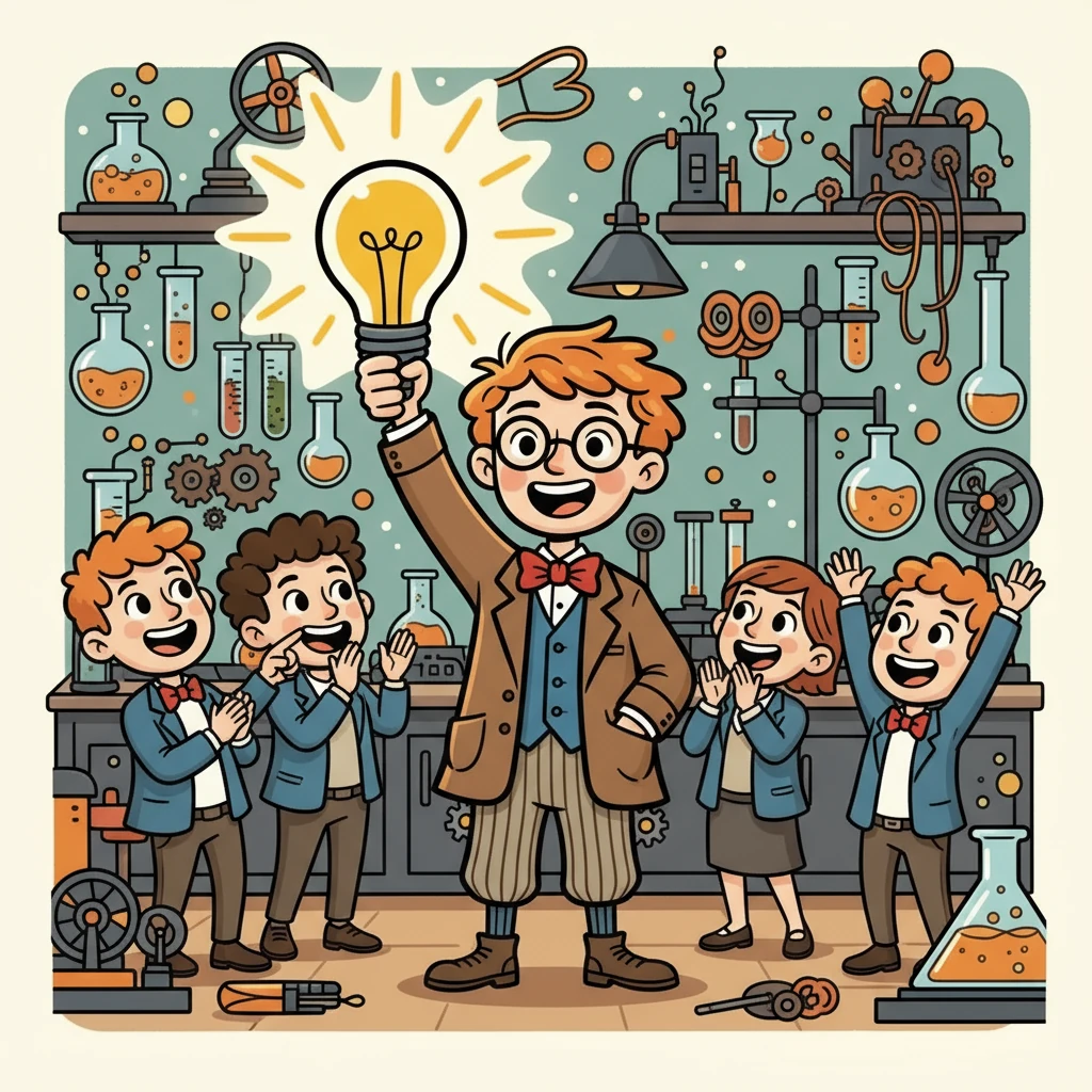 Finally, after months of hard work, a breakthrough! A glowing light bulb shone brightly, illuminating the laboratory. Thomas and his team cheered, their faces lit with joy and triumph.