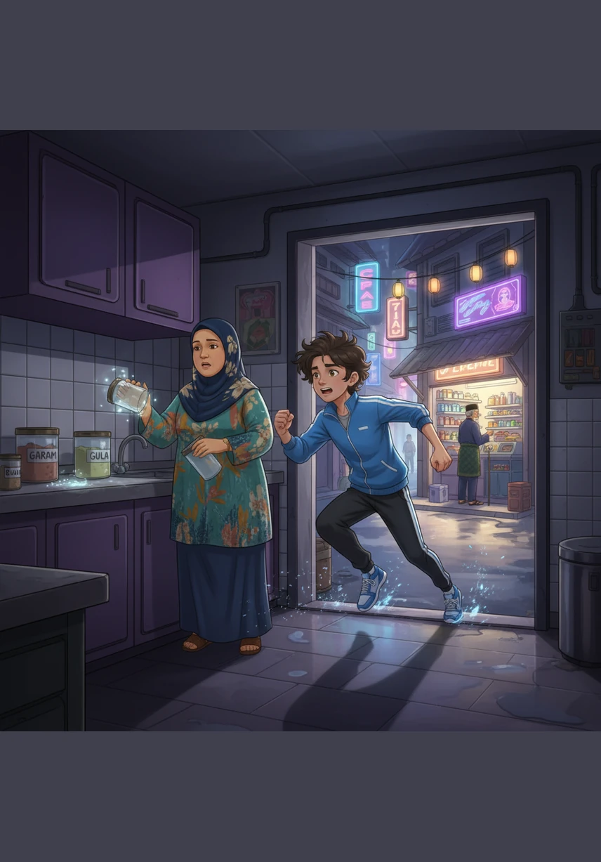 Tiba-tiba, ibunya menyedari bahawa bekalan garam dan gula sudah kehabisan di dapur yang sibuk itu. Tanpa berlengah, Ali terus memecut lari menuju ke kedai runcit Pak Samad yang terletak di hujung kampung.