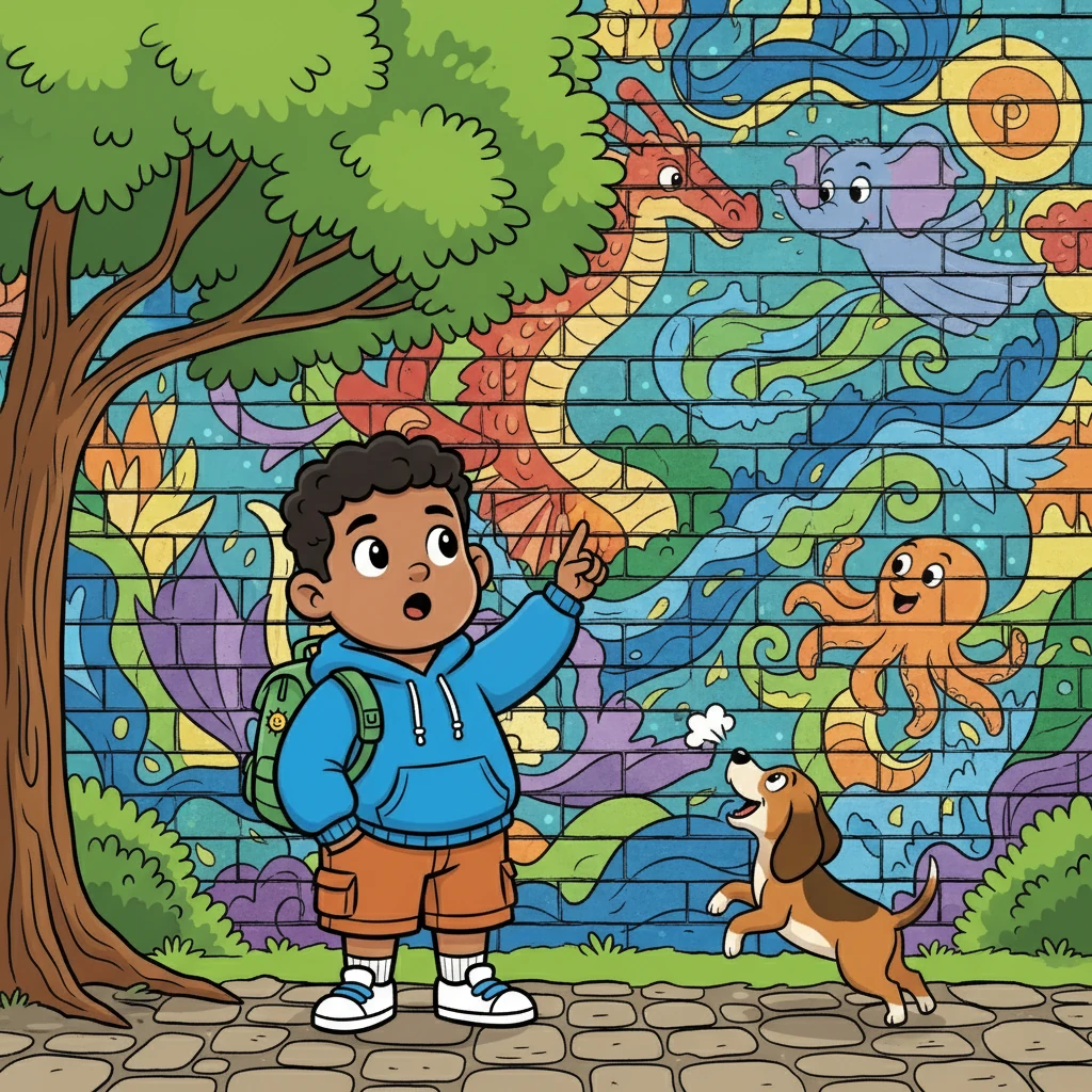 The first sight was a vibrant mural on a brick wall, depicting fantastical creatures and swirling colors. Isaiah stopped, captivated by the artist's imagination, tracing the outlines with his finger. A nearby dog barked, playfully interrupting his reverie.