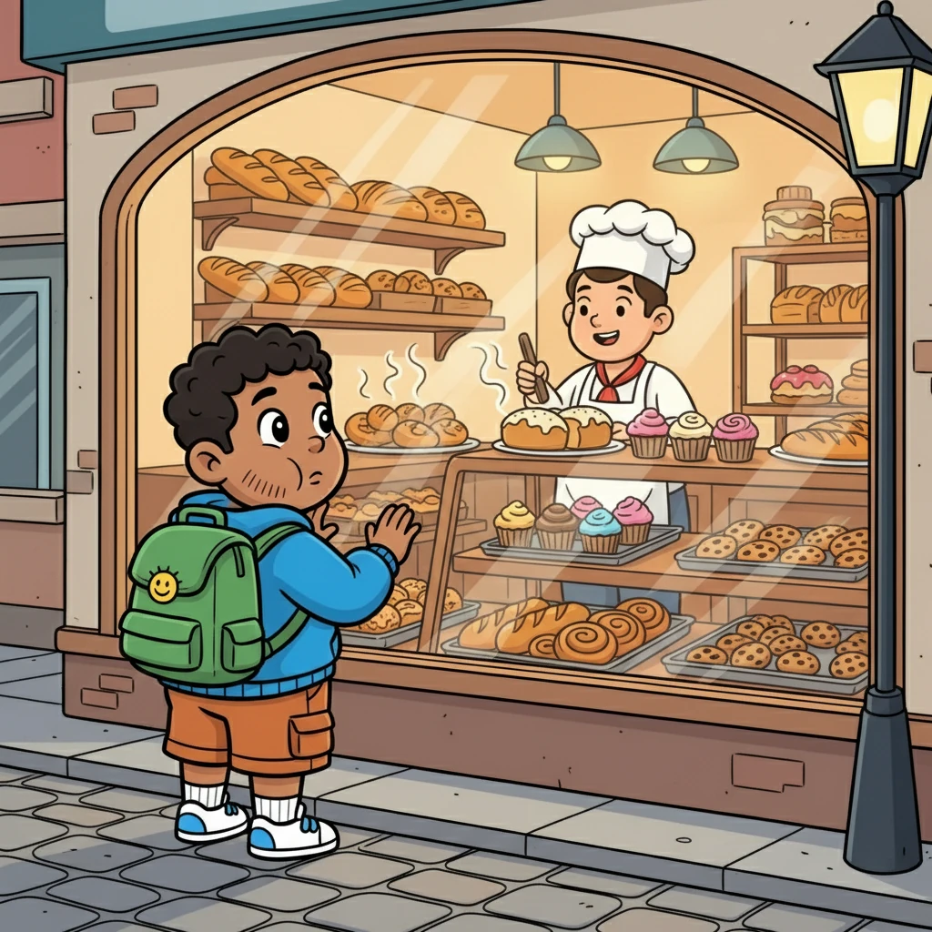 Next, Isaiah passed the local bakery, the aroma of freshly baked bread and sweet pastries filling the air. He peered through the window, his tummy rumbling with anticipation. He imagined the delicious treat he might have for dinner.