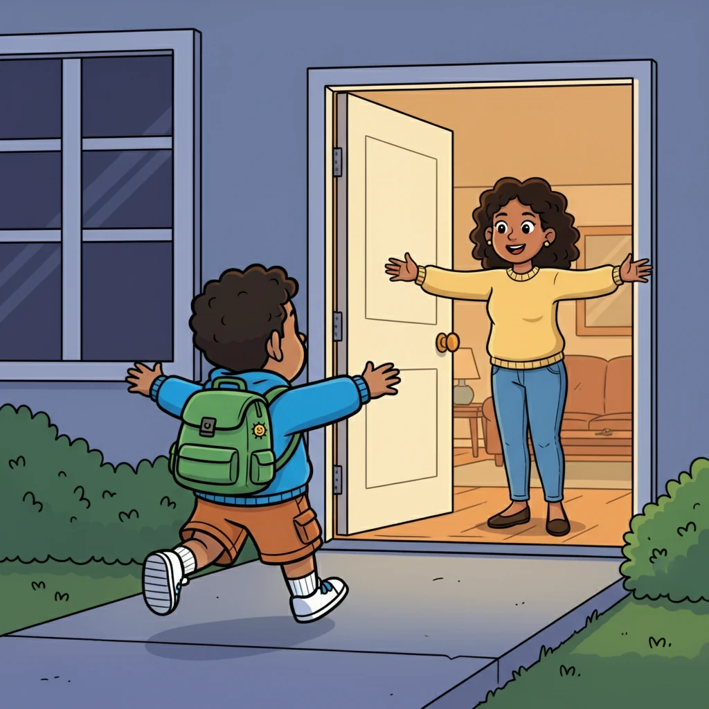 Finally, he arrived at his house, the warm glow of the living room spilling out onto the porch. His mom was waiting, her arms open for a hug. Isaiah ran inside, ready to share the stories of his day and the sunflower's beauty.