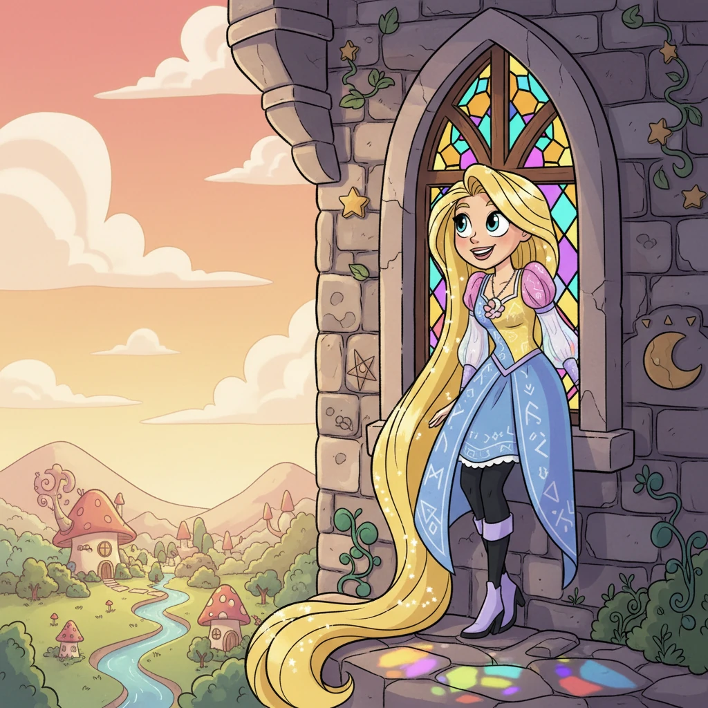 Cléa Nuitlumière, avec ses cheveux incroyablement longs et scintillants, contemplait le monde vibrant au-delà de sa haute tour. Son visage expressif était empreint d'un désir ardent d'aventure, tandis que les détails ludiques de la tour l'entouraient.