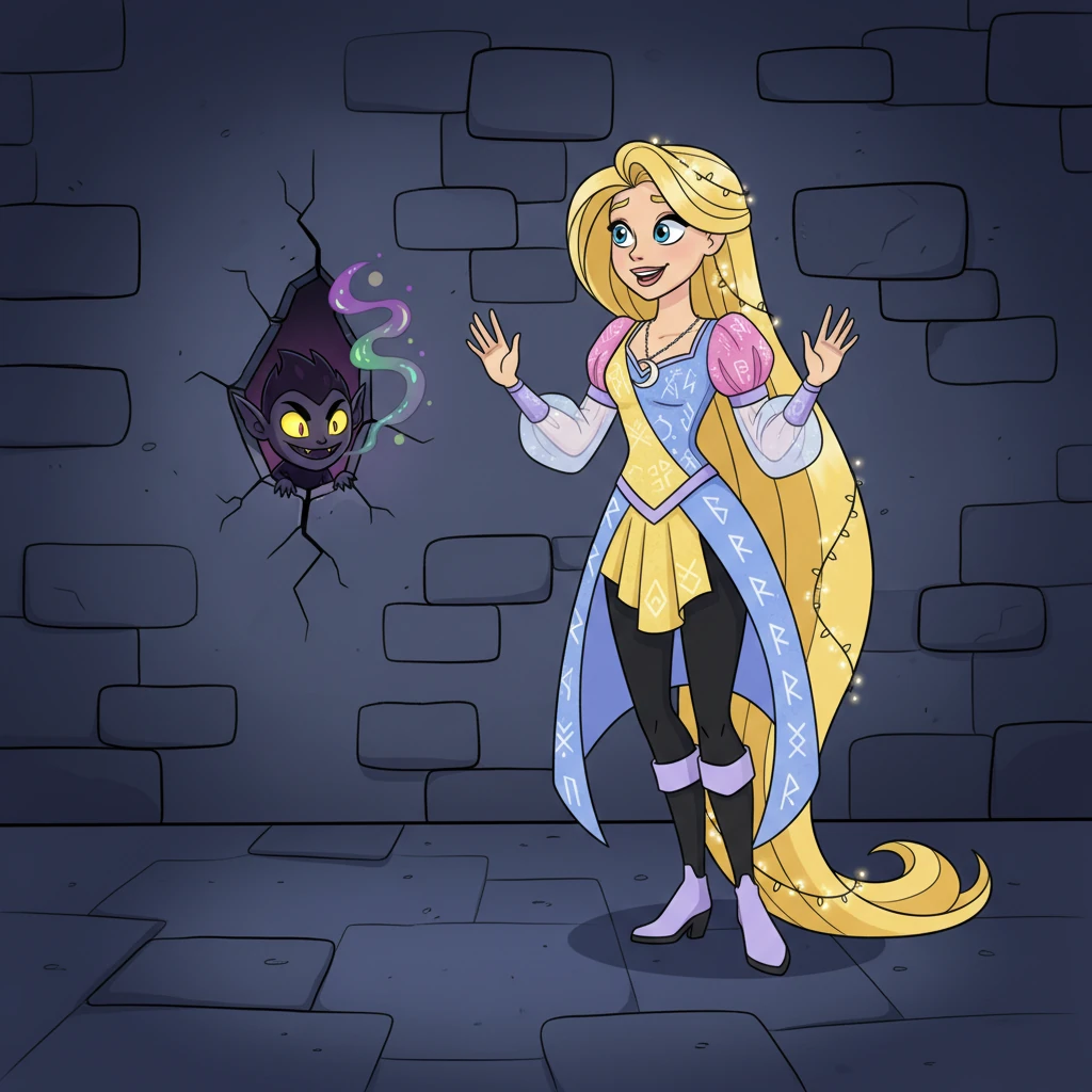 Un soir, un minuscule et malicieux Lutin des Ombres, une créature cartoonishly effrayante, jeta un coup d'œil à travers une fissure dans le mur de la tour. Ses yeux brillaient d'une malice joyeuse, et Cléa ressentit une étrange montée d'énergie.