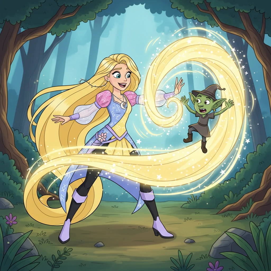 Instinctivement, Cléa tendit la main, et ses cheveux lumineux brillèrent encore plus fort, formant une barrière protectrice qui repoussa le lutin avec un doux scintillement magique. Elle fut surprise par sa propre puissance inattendue.