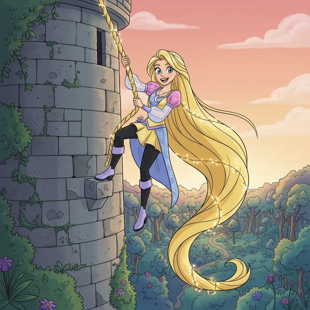 Poussée par la curiosité et une étincelle de courage, Cléa décida d'explorer. Utilisant ses cheveux incroyablement longs, elle créa une corde fantaisiste et lumineuse pour descendre de la tour, son visage illuminé par la détermination et l'excitation.