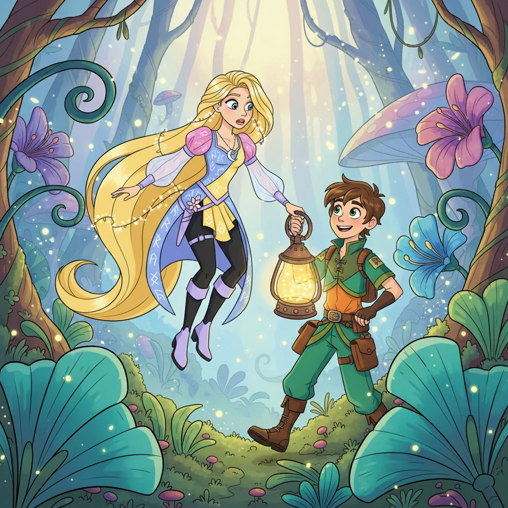 Elle atterrit dans une forêt enchantée et vibrante, remplie de plantes fantastiques et de lucioles scintillantes. Soudain, elle percuta Lysandre, un jeune "Chasseur de Lumière" joyeux, vêtu d'une tenue originale et équipé d'un appareil lumineux.