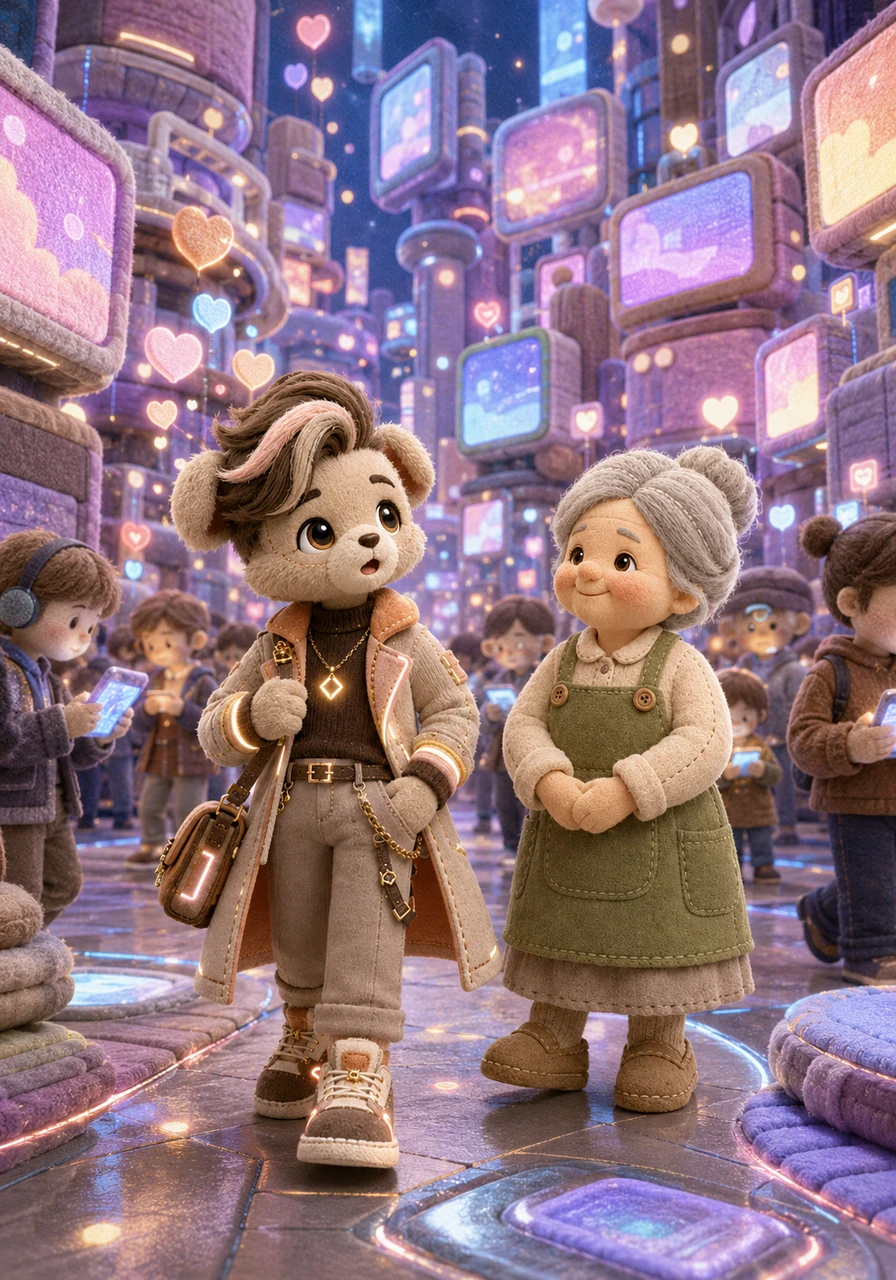 Curiosity got the better of him, and he stepped through into a bustling city made entirely of floating screens and luminous feeds. Everyone was glued to their devices, sending sparkles and hearts into the digital air.