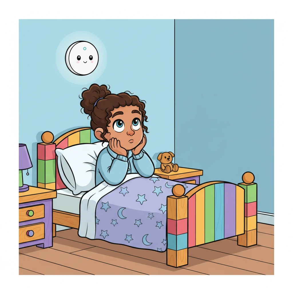 Alex, a young child with big, curious eyes, is tucked snugly in their vibrant, cartoon-styled bed. A friendly, round smart-security sensor blinks gently on the wall, keeping watch over the cozy home.
