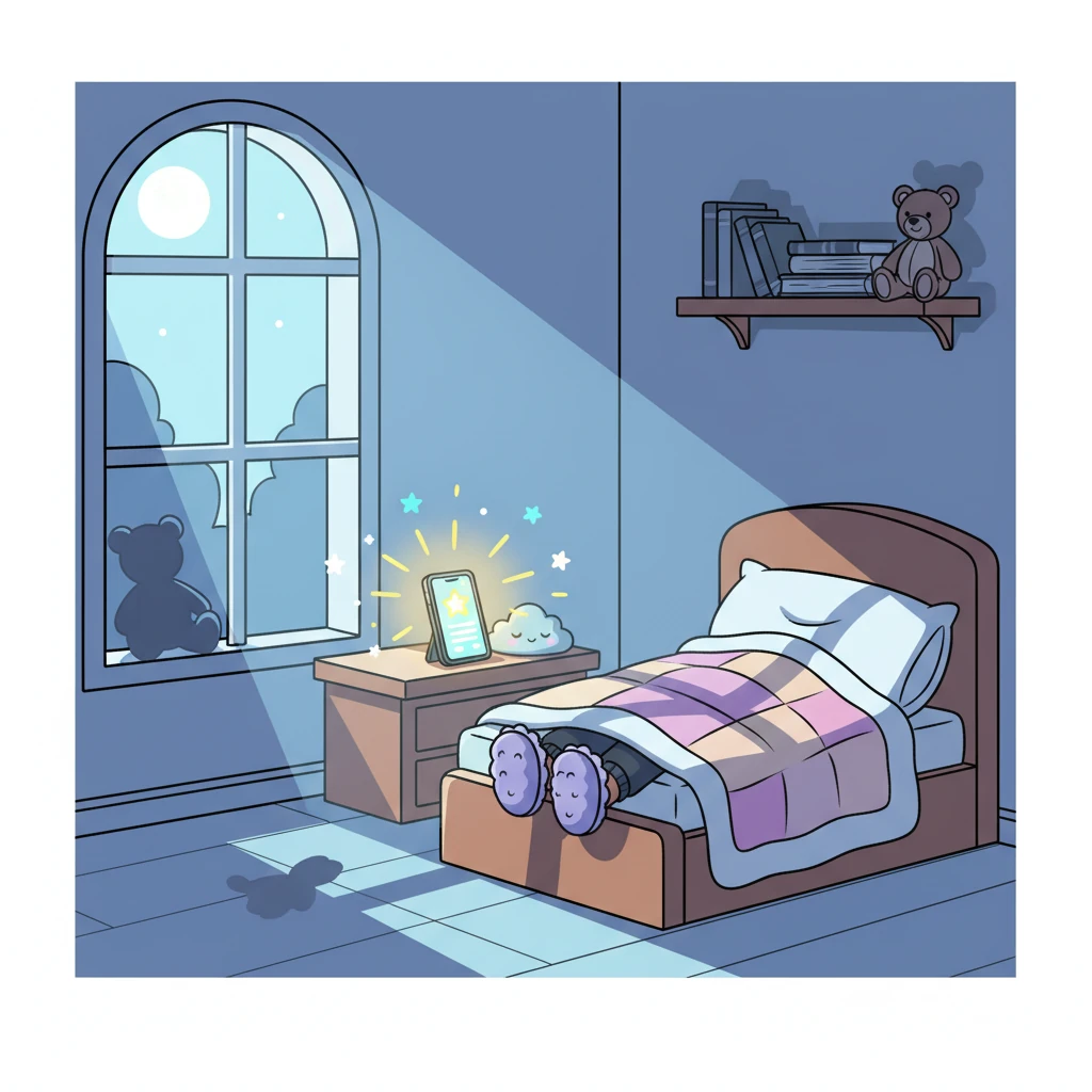 The room is bathed in the soft glow of moonlight, casting playful shadows. Alex's phone, resting on a whimsical nightstand, suddenly buzzes with a bright, cheerful notification sound that breaks the quiet.