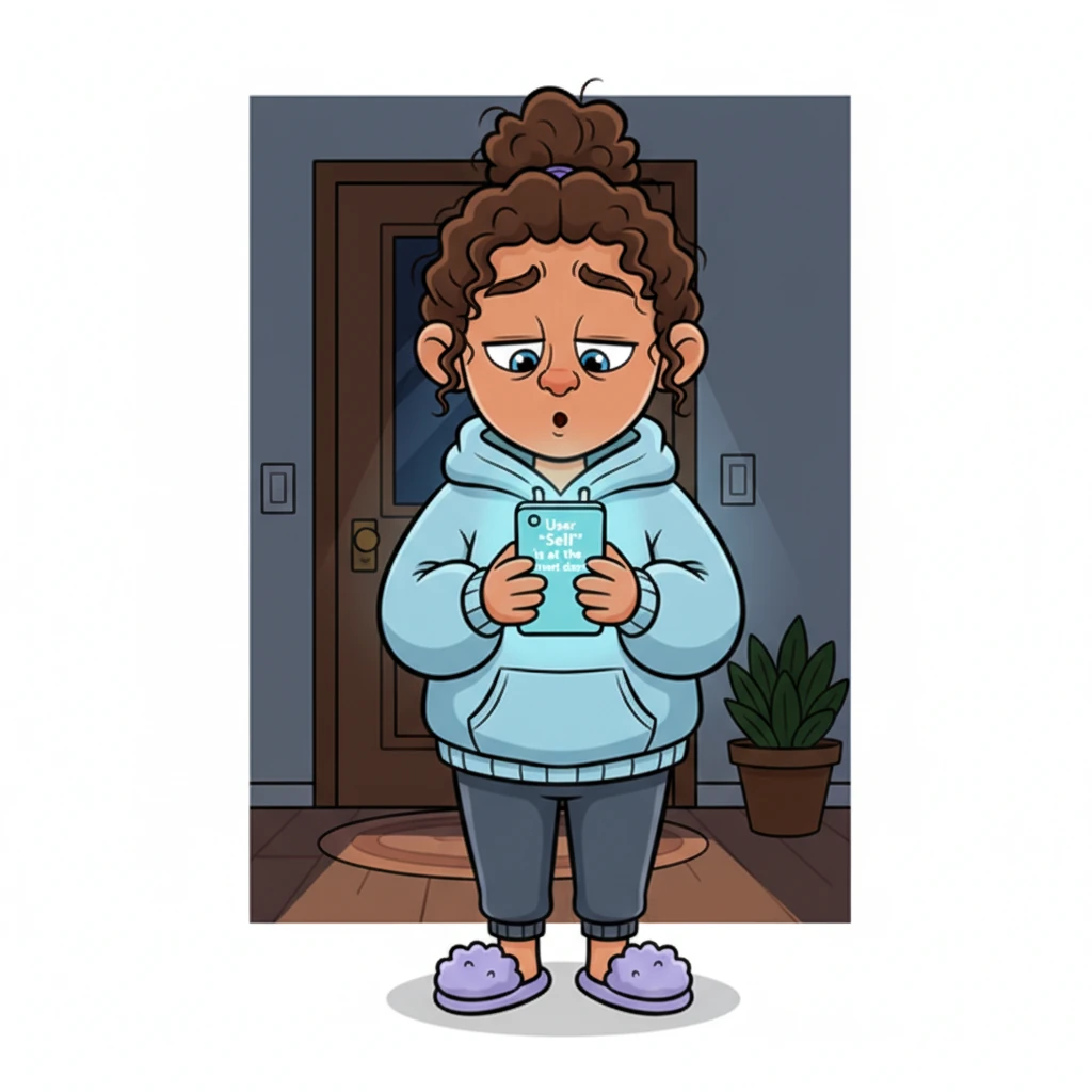 With wide, sleepy eyes, Alex squints at the phone screen, trying to make sense of the glowing words. The notification boldly declares: 'User 'Self' is at the front door!' Alex's expression shifts from sleepy to utterly bewildered.