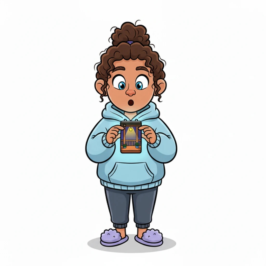 Now fully awake, Alex grabs the phone, their tiny fingers fumbling slightly in surprise. The live camera feed pops up, showing the brightly lit porch, which appears empty but for the porch light's cheerful glow.