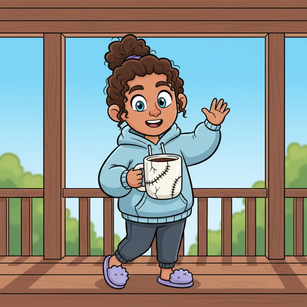 Suddenly, a figure waltzes onto the porch, looking directly at the camera. It's an exact cartoon replica of Alex, wearing identical, oversized pajamas and holding a comically mended, familiar coffee mug. This 'Alex' waves playfully.