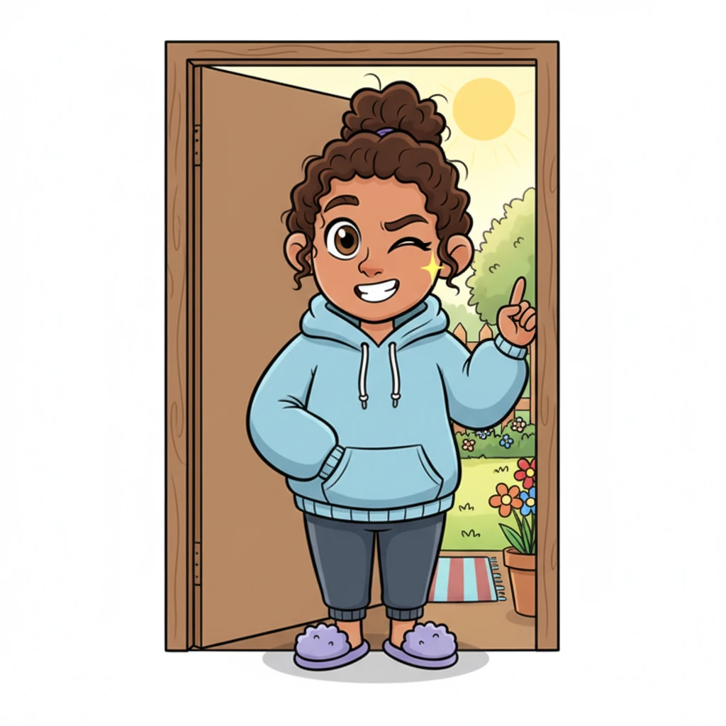 The 'Alex' at the door grins, a smile just a little too wide, and winks directly into the lens. Their exaggerated eyes sparkle with pure mischief, making it clear this is no ordinary visitor.