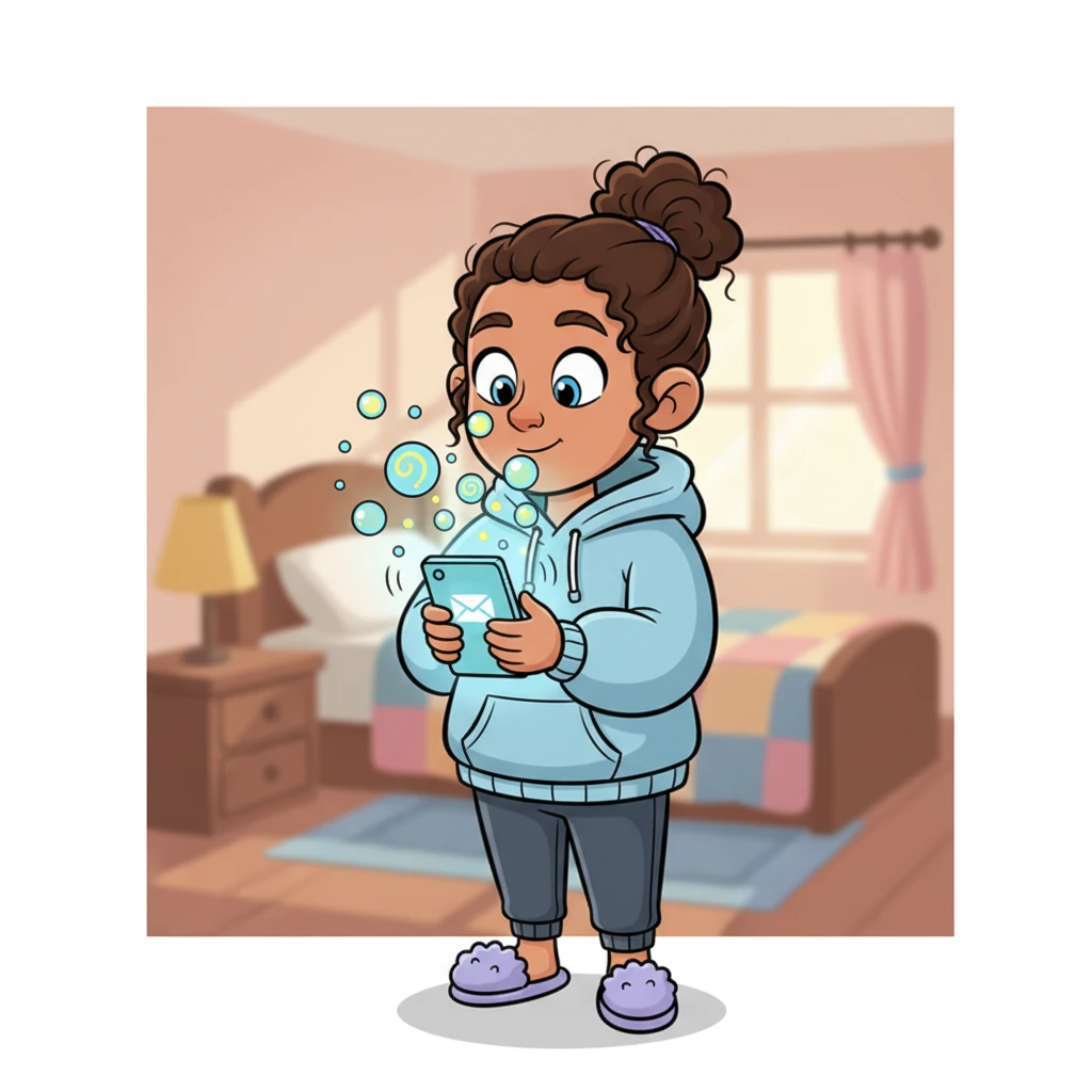 Alex's phone buzzes again, vibrating with a burst of cheerful bubbles. A new text message appears on the screen, from an unknown, whimsical sender, adding to the mystery.