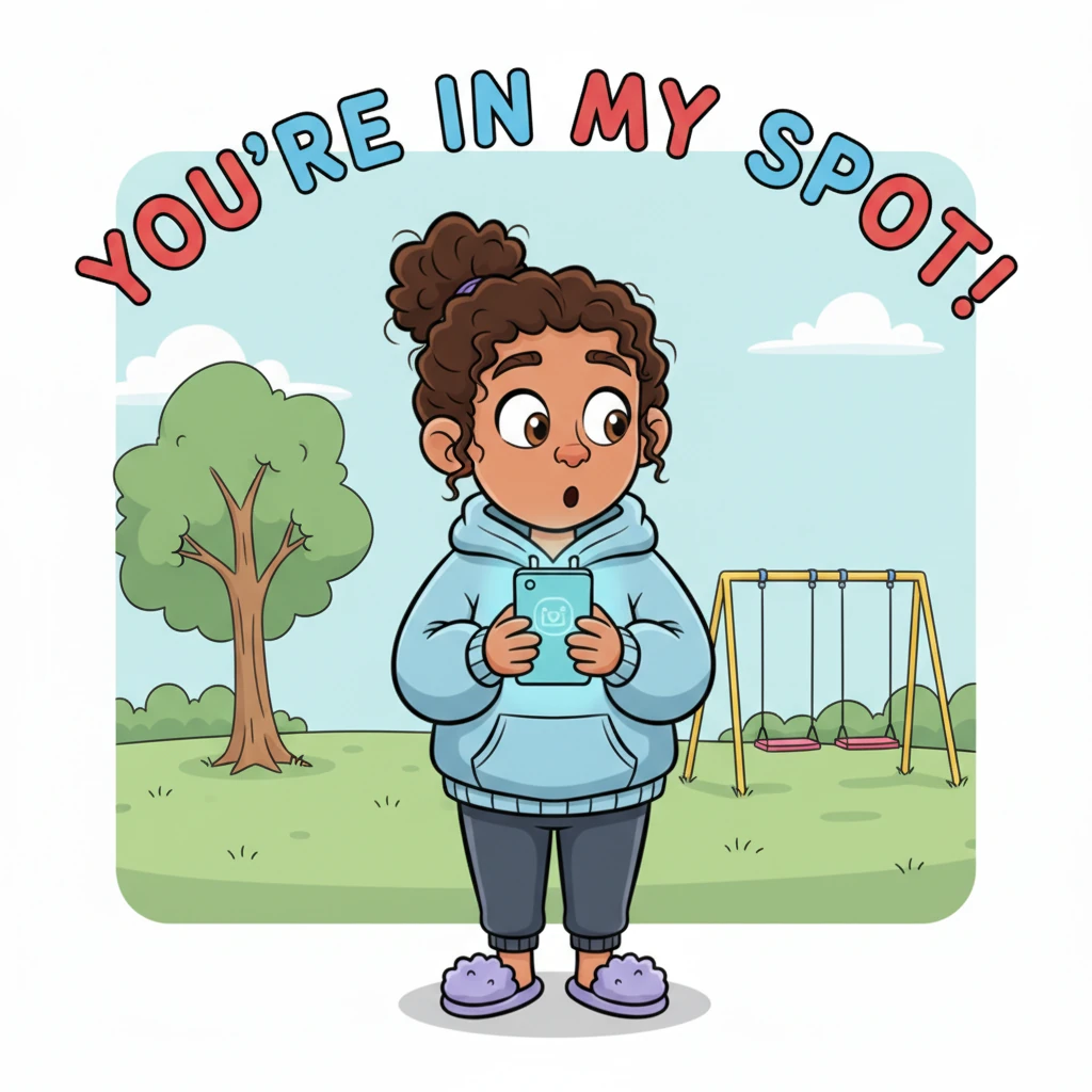 The text reads in big, playful letters: 'You're in my spot!' Alex's eyebrows shoot up, a mix of confusion and a tiny spark of excitement now dancing on their face.