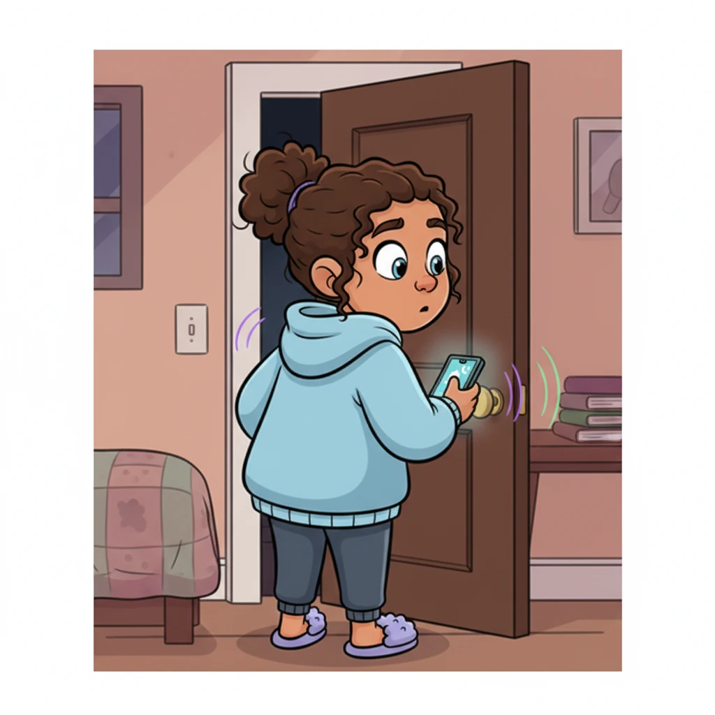 Just then, the bedroom door right behind Alex slowly, dramatically creaks open with a cartoonish groan. Alex's eyes grow as round as saucers, peering cautiously over their shoulder.