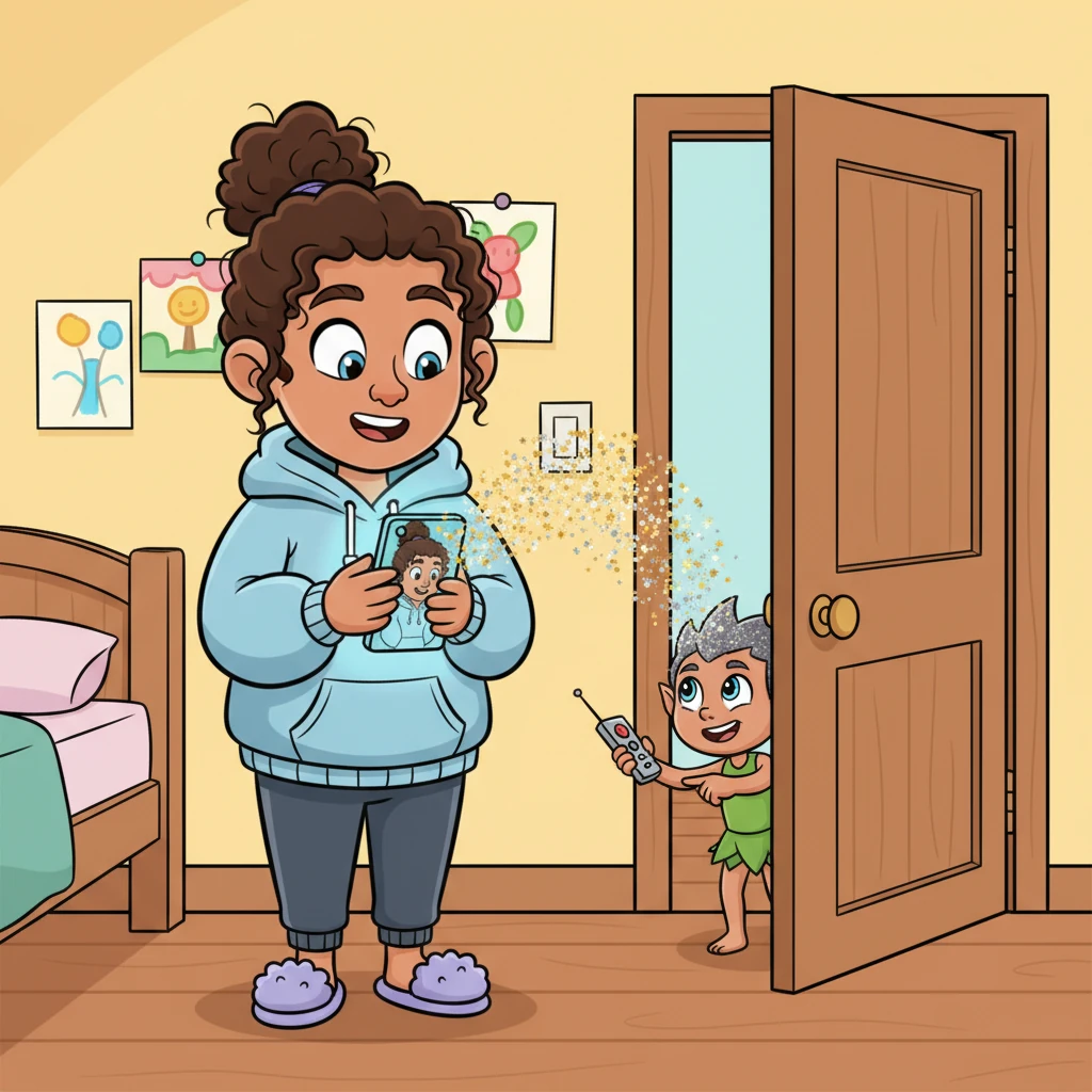 Peeking from behind the door is a tiny, sparkly, giggling sprite, holding a miniature remote control! The sprite points at the door-Alex on the phone, then at the real Alex, then at the door, as if to say, 'Surprise! Now let's play!' The 'Alex' on the screen winks one last time before dissolving into a shower of playful glitter.