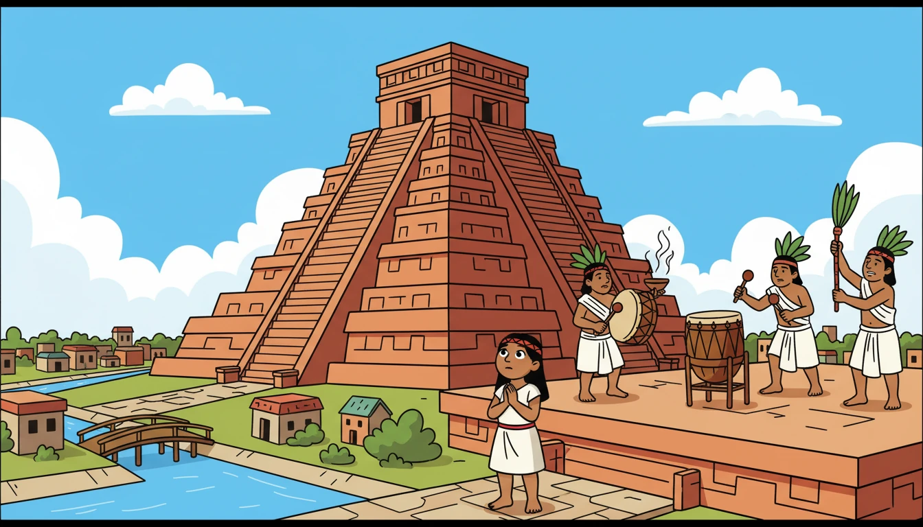 En el corazón de la ciudad, el Templo Mayor se elevaba majestuoso hacia el cielo. Xochitl se maravillaba al ver a los sacerdotes realizando ceremonias en honor a los dioses.  La ciudad era un laberinto de canales y puentes.