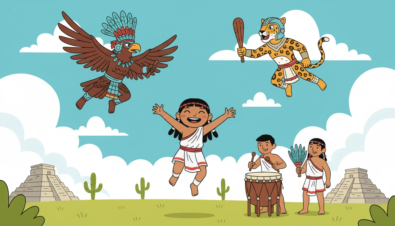 Un día, mientras jugaba con sus amigos, Xochitl escuchó historias sobre la valentía de los guerreros águila y jaguar.  Soñaba con ser tan valiente como ellos, defendiendo a su pueblo.  La idea la llenó de emoción.