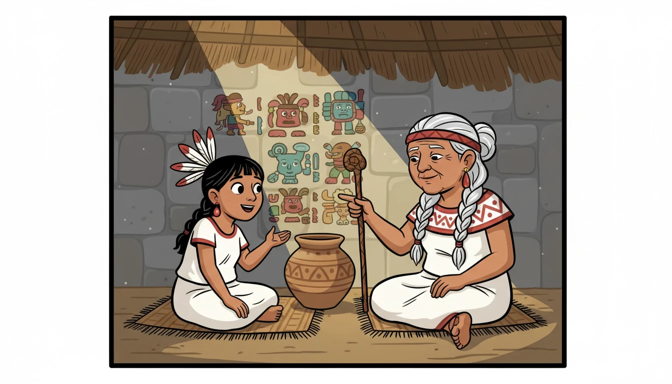 Xochitl, inspirada, decidió aprender más sobre la historia de su pueblo.  Visitó a su abuela, una sabia anciana que guardaba los secretos del pasado.  La abuela le contó sobre los orígenes míticos de los mexicas.
