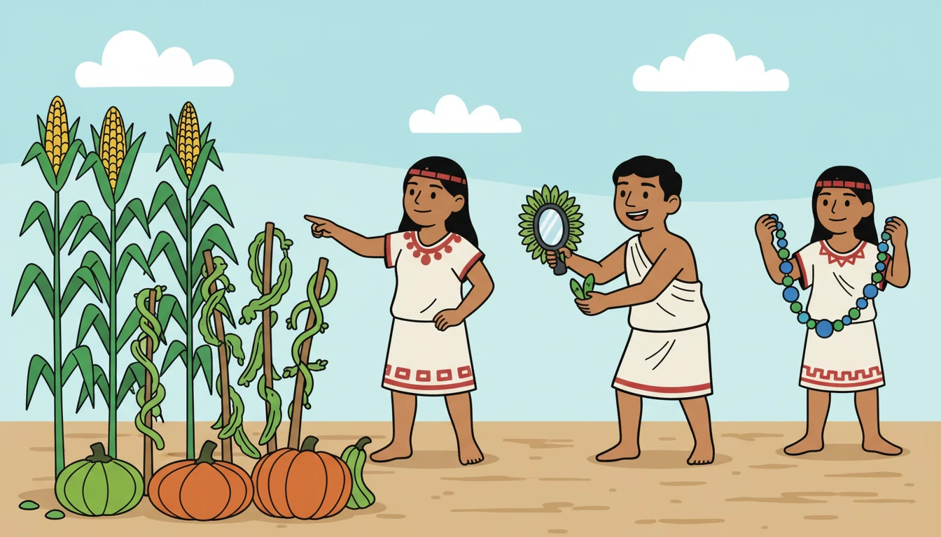 En el mercado, Xochitl aprendió sobre el cultivo del maíz, los frijoles y la calabaza, alimentos esenciales para su gente.  Observó a los artesanos trabajando con plumas y piedras preciosas.  La vida era un constante aprendizaje.