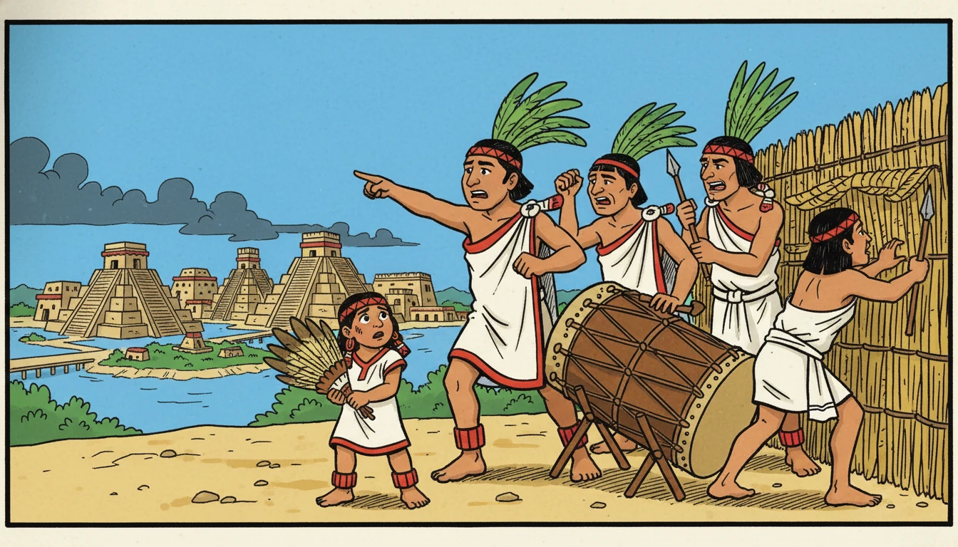 Un día, una noticia alarmante llegó a Tenochtitlán: una amenaza se cernía sobre la ciudad.  Xochitl, junto con otros niños, se sintió preocupada.  La comunidad se preparaba para protegerse.