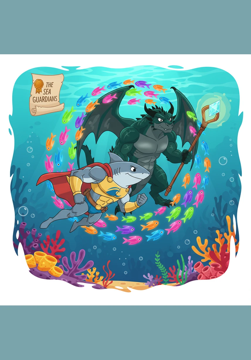 Finn the shark glides through a shimmering turquoise ocean filled with colorful coral and dancing seaweed. The sunbeams pierce the water, illuminating a peaceful world where schools of tiny neon fish play hide-and-seek among the anemones.