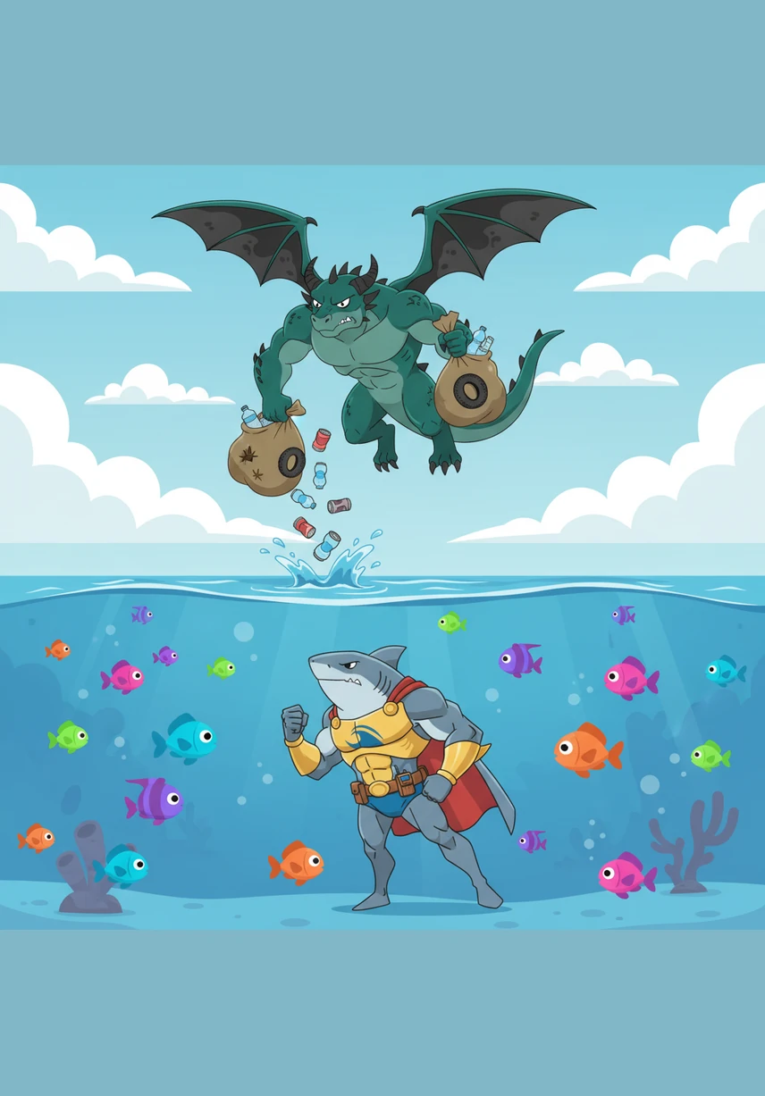 High above the waves, a grumpy dragon named Smogwing flies through the clouds carrying heavy bags of clinking trash. With a careless flick of his claws, he tosses old cans and plastic bottles into the pristine water below without a second thought.