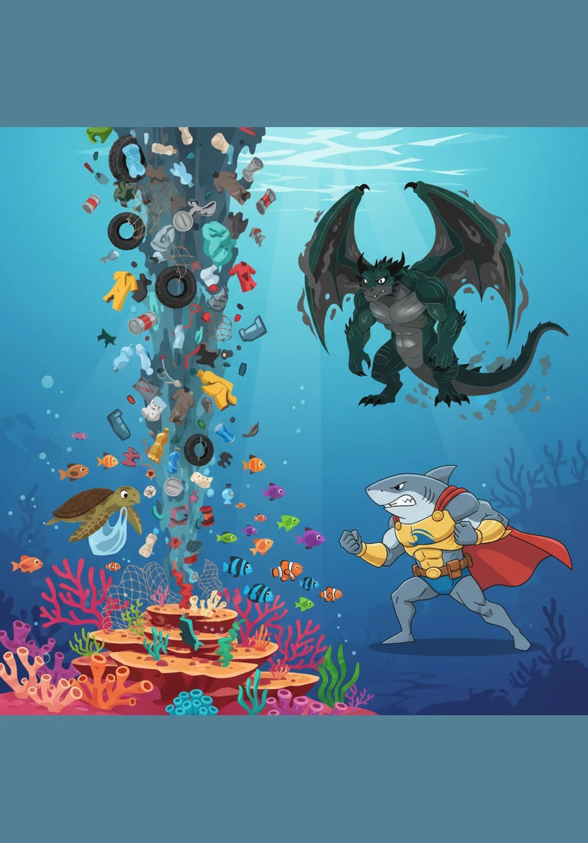 The falling garbage lands with a splash, sinking deep into the heart of the coral reef and scaring the local inhabitants. What was once a vibrant paradise begins to look cluttered and gray as the trash piles up on the sandy ocean floor.