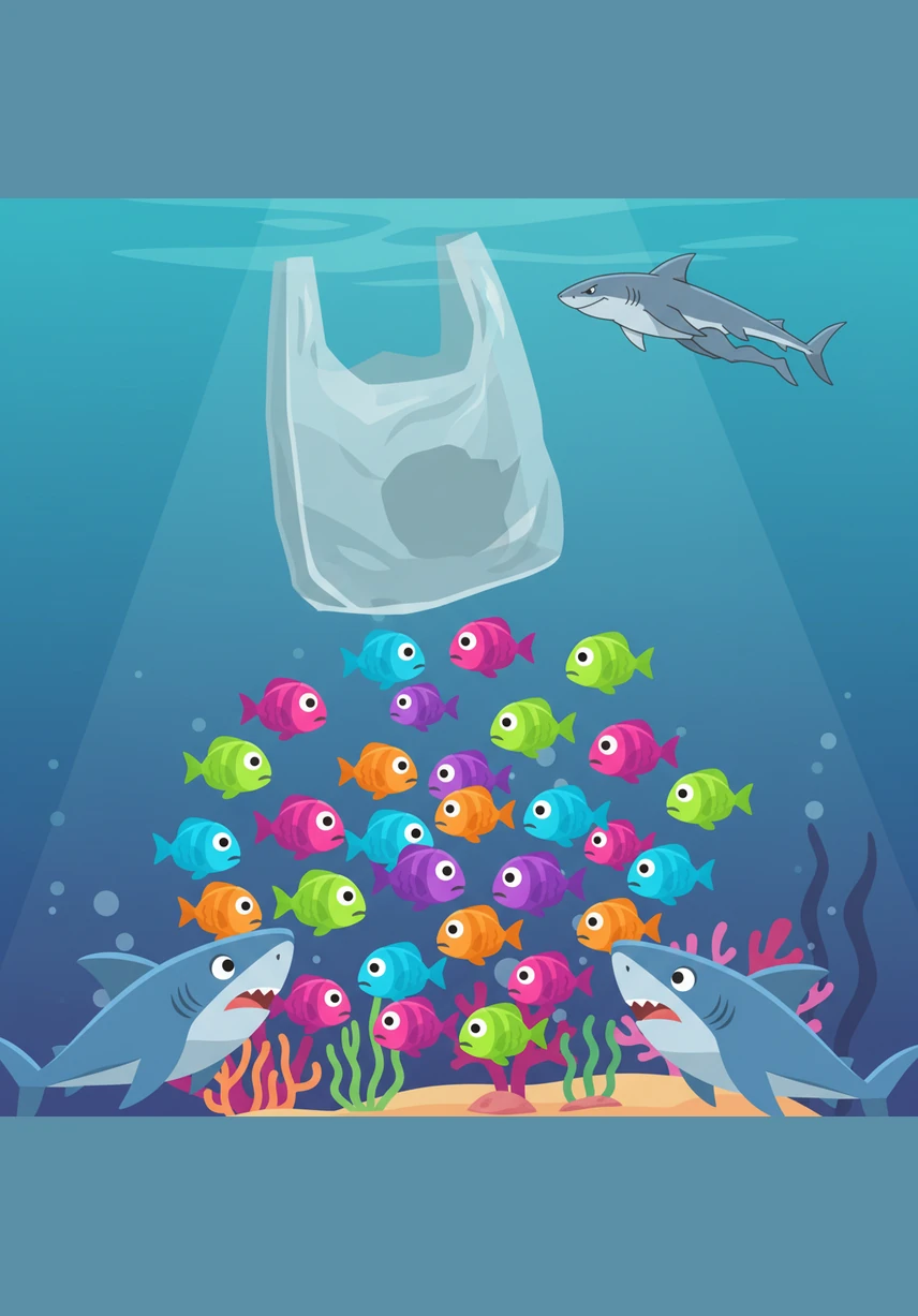 A group of small, frightened fish huddle together as a large plastic bag drifts over their home like a ghostly cloud. They look up in confusion and fear, wondering why their beautiful playground is suddenly filled with strange and dangerous objects.