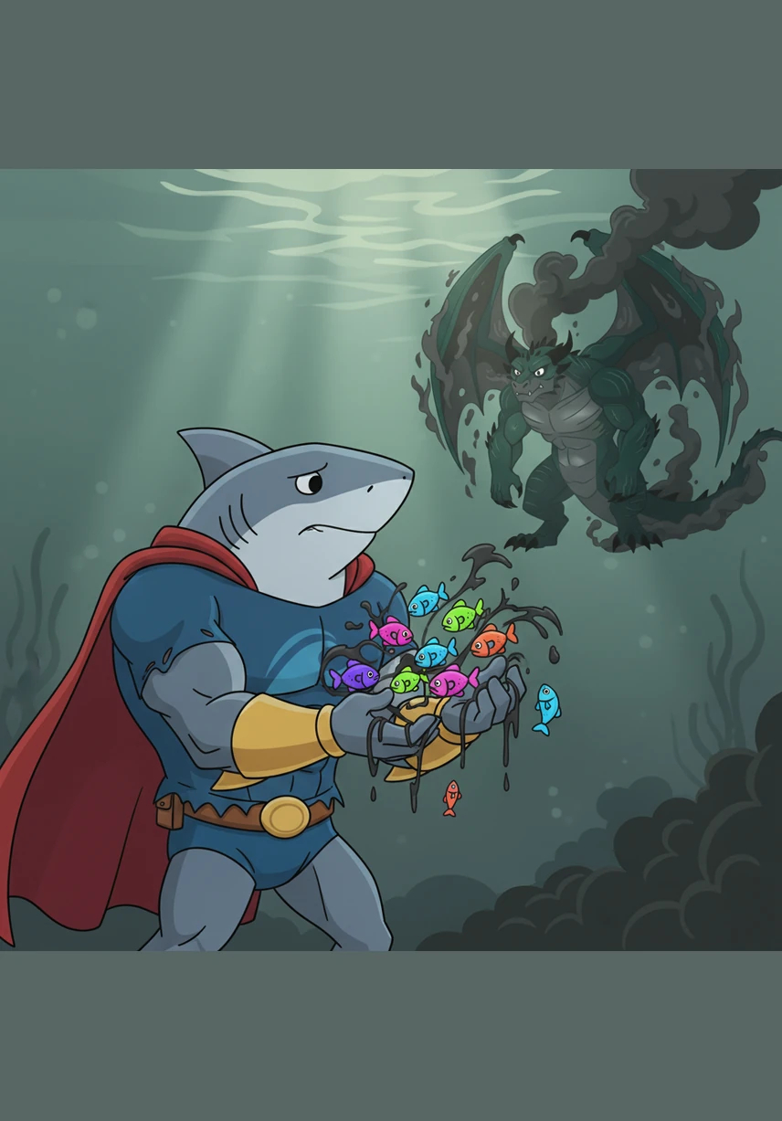 Finn watches from the shadows, his heart heavy as he sees a little clownfish get tangled in a discarded fishing net. He quickly swims over and uses his nose to gently nudge the net away, realizing he must find out where this mess is coming from.