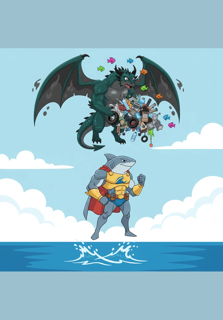 Reaching the surface, Finn leaps high into the air and sees Smogwing preparing to drop another load of junk from the sky. The dragon looks startled to see a shark jumping so high, his scales shimmering with the reflection of the floating waste.