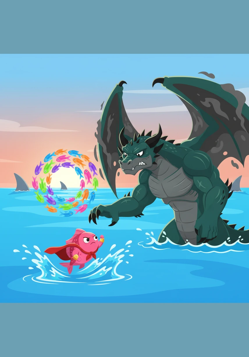 Finn splashes loudly and points his fin toward the suffering reef below, showing the dragon the damage his laziness has caused. The smaller fish gather at the surface in a shimmering circle, their sad eyes pleading with the giant beast in the sky.