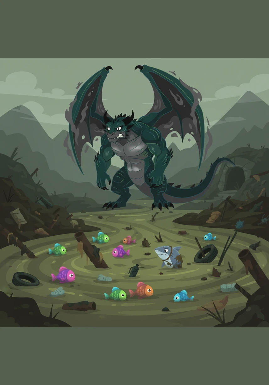 Smogwing looks down and finally sees the murky water and the trapped creatures, feeling a sudden pang of guilt in his chest. He had never thought about where his trash went, only that he wanted it out of his mountain cave as quickly as possible.