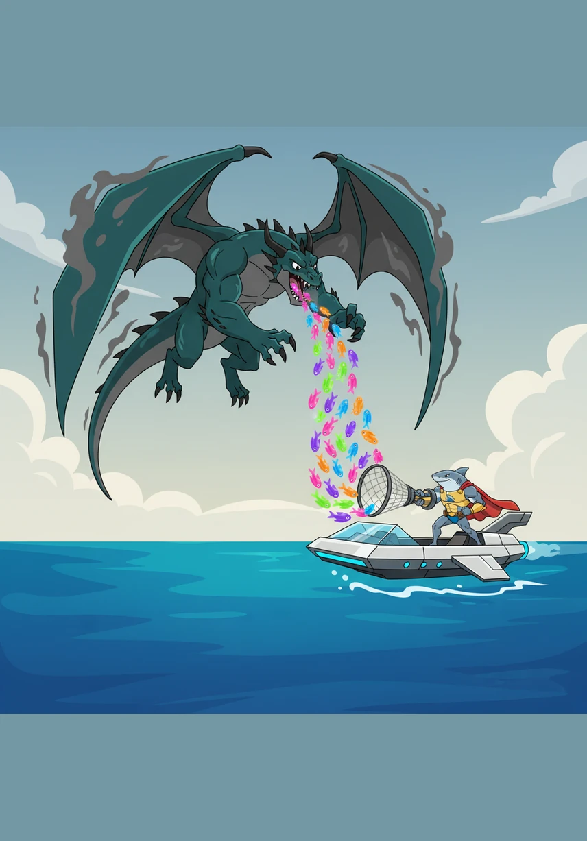 The dragon dives toward the water, using his powerful claws to scoop up the sunken debris instead of adding more to the pile. Finn and the smaller fish work alongside him, pushing the trash into a large heap for Smogwing to carry away to a proper place.
